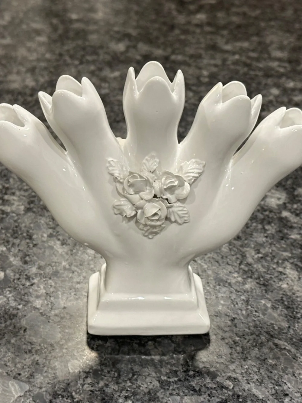 White Ceramic Five Finger Tulipiere Bud Vase with Floral Rose Appliqué